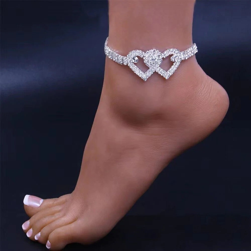 Double Heart Crystal Anklet – Bling Barefoot Chain Bracelet