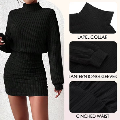 "Women's Knitted Lantern Sleeve High Neck A-Line Mini Dress - Fall & Winter Casual"