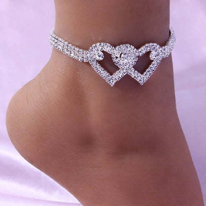 Double Heart Crystal Anklet – Bling Barefoot Chain Bracelet