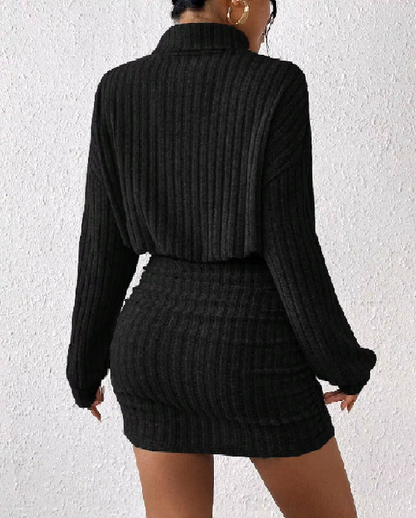 "Women's Knitted Lantern Sleeve High Neck A-Line Mini Dress - Fall & Winter Casual"