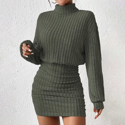 "Women's Knitted Lantern Sleeve High Neck A-Line Mini Dress - Fall & Winter Casual"