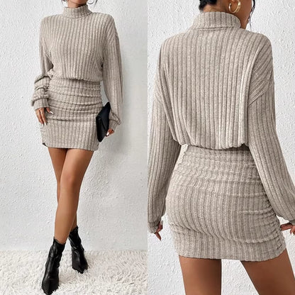 "Women's Knitted Lantern Sleeve High Neck A-Line Mini Dress - Fall & Winter Casual"